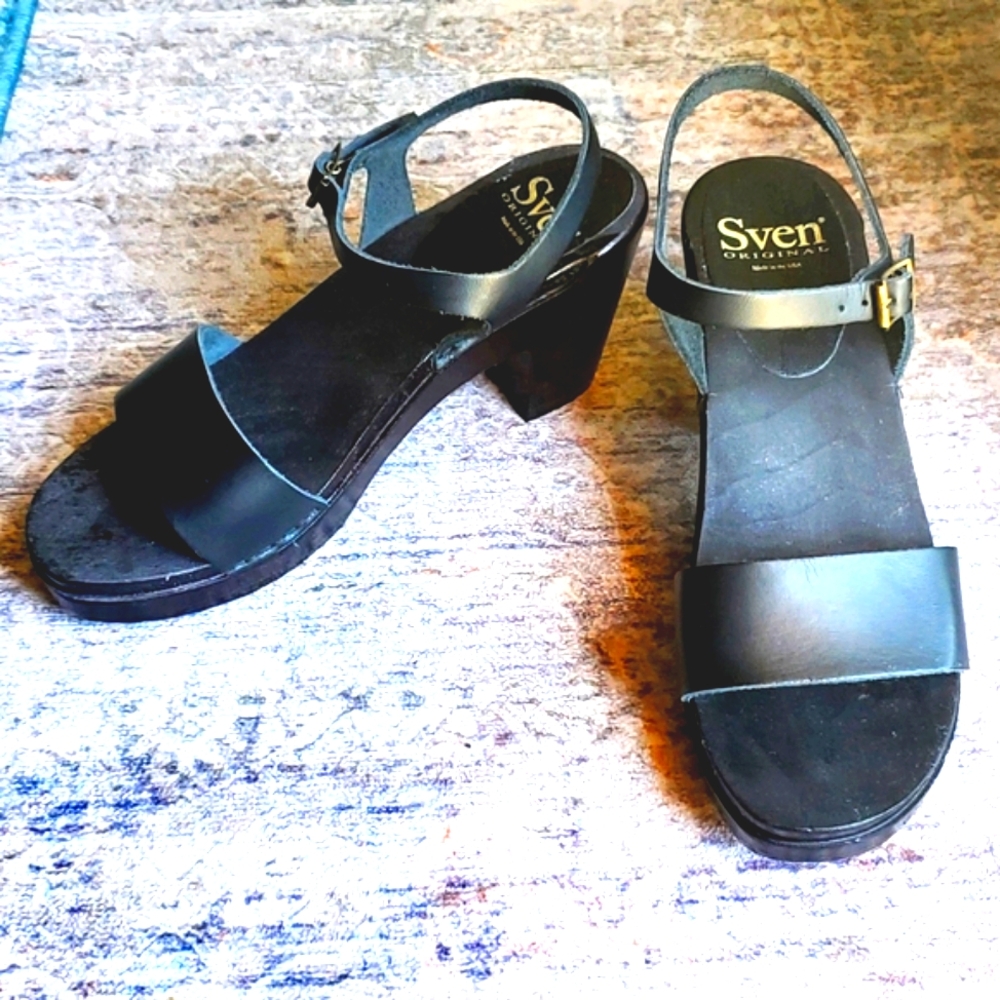 NEW Sven Black Heel Leather Sandal Clog No. 6 37 $270